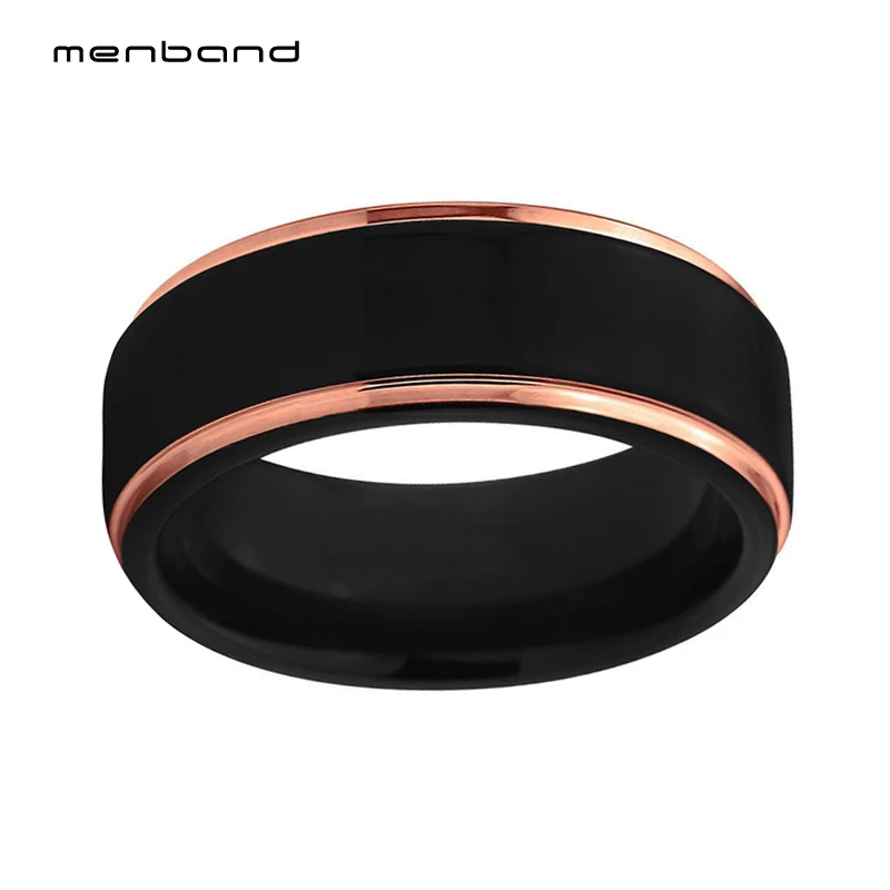 Черное кольцо из карбида вольфрама с краями из розового золота, мужское обручальное кольцо с удобной посадкой