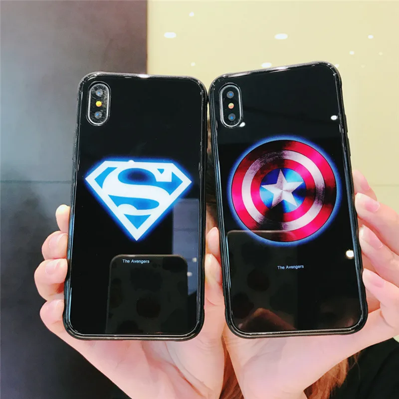 Luxury Batman Marvel Luminous Tempered Glass Cases For iPhone XS MAX XR 8 7 6 6s Plus X Samsung S8 S9 S10 Plus Note8 Note9 Cover