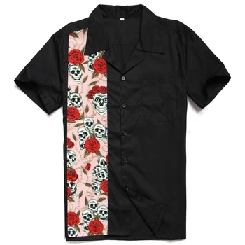 

Male Red Rose Skull Short Sleeve Button Up Plus Size Tops Rockabilly Vintage 50s Club Rock N Roll Shirts for Halloween