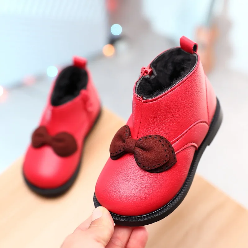 Winter Warm Plush Little Girls Children Leather Snow Boots Shoes For Kids Princess Girls Martin Snowboots 1 2 3 4 7 8Year Red