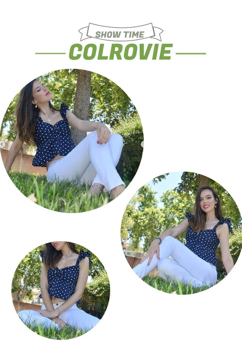 COLROVIE, темно-синий, крученый, в горошек, Boho, укороченный топ с баской, Женская Сексуальная Блузка, рубашка,, летняя, белая, для отдыха, для девушек, блузки