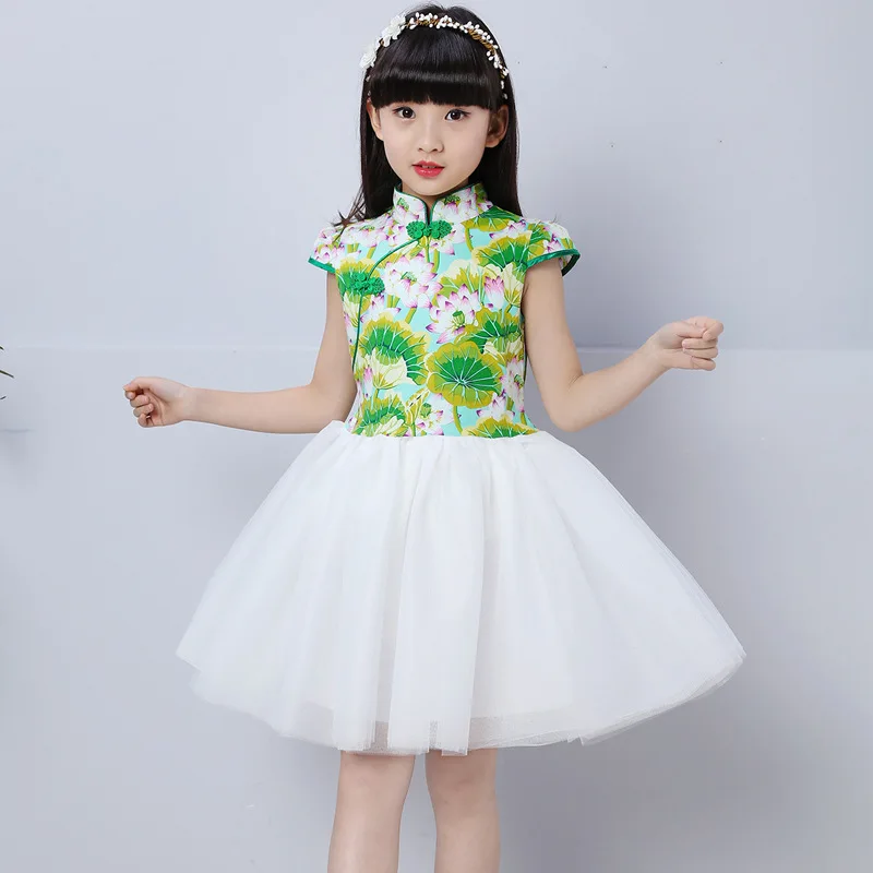 Летние Тан Стиль в китайском стиле платье для девочек, детская одежда для принцессы платье с сеточкой и лоскутным принтом детский чеонгсам платье детское платье принцессы