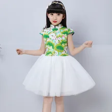 Летние Тан Стиль в китайском стиле платье для девочек, детская одежда для принцессы платье с сеточкой и лоскутным принтом детский чеонгсам платье детское платье принцессы