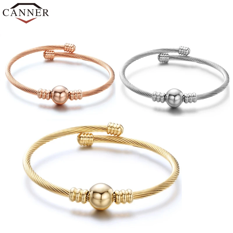 CANNER Fashion Rose Gold/Gold/Silver Color Stainless Steel Adjustable Bangle & Bracelet Simple Round Ball Bangles for Women FI