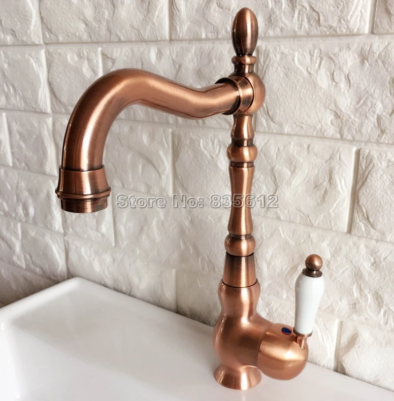 Modern Antique Red Copper Cold and Hot Water Washbasin Faucet Mixer Kitchen Sink Tap Swivel Spout