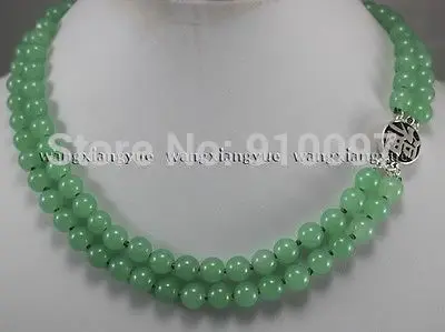 

>>2rows 8mm Green Jade Round Beads Jewelry Necklace Silver Clasp h