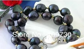 

00624 Nice 2row 8" 14mm baroque black freshwater pearl bracelet