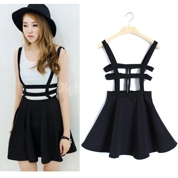 Women Sexy Pleated Suspender Skirt Braces Hollow Out Bandage Mini Skater Dress Grid A-shaped Back Strap Half-length | Женская одежда