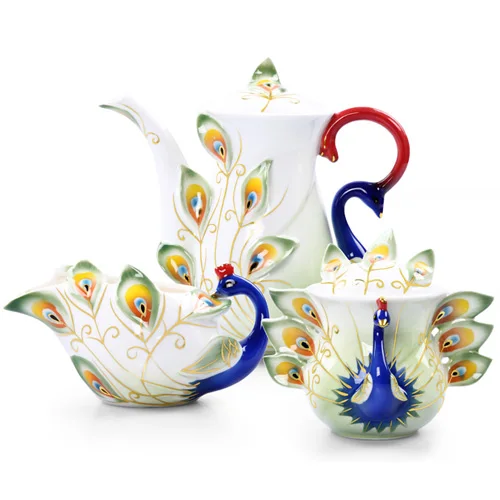 

Color Enamel 3D Peacock Coffee Pot Sugar Cans Milk Kettle Creative Bone China Drinkware Porcelain Set