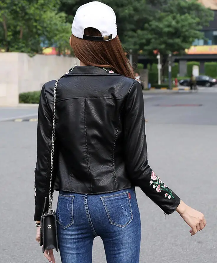 Pu Des Faux Cuir Courte 2018 Broderie Noir Moto Mince Veste Automne Femmes En Lavé Baseball IWqc4w1U
