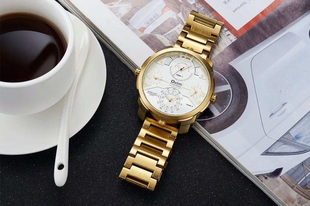 OULM Лидирующий бренд роскошный золотой кварцевые часы Для мужчин полный Сталь ремешок большой циферблат 4 часовых поясов модные Бизнес наручные часы водонепроницаемый