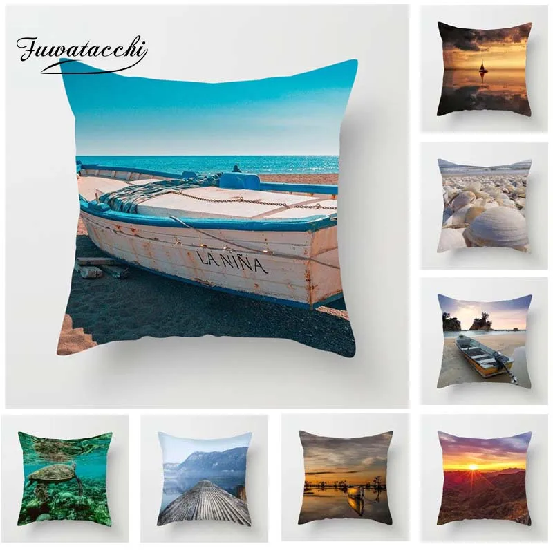 

Fuwatacchi Oceanside Scenice Cushion Cover Boat Beach Turtle Decorative Pillows 45*45cm Sunrise Pillow Cover For Car Home Chair