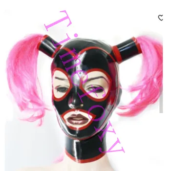 

100% Latex Hood with Tubed pigtail and Red Contrasting Eyes and Mouth Latex Mask Halloween hood mask Rubber mask Costumes props