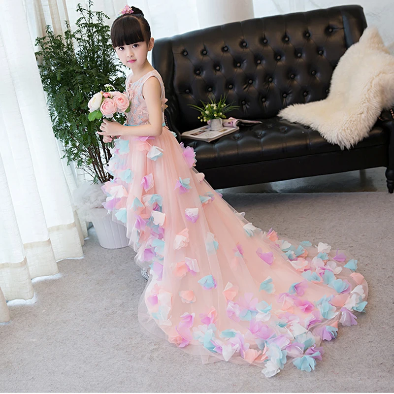 

Kids New Arrival Long Trailing Appliques Girl Wedding Princess Flower Girl Dress Party Birthday Gown First Communion Dress E69