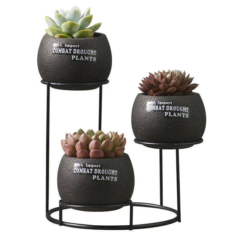 European Succulent Plant Cement Flower Pot Green Planter Flowerpot Home Garden Bonsai Pots With Iron Shelf 3 Pots Black Color European Succulent Plant Cement Flower Pot Green Planter Flowerpot Home Garden Bonsai Pots With Iron Shelf 3 Pots Black Color