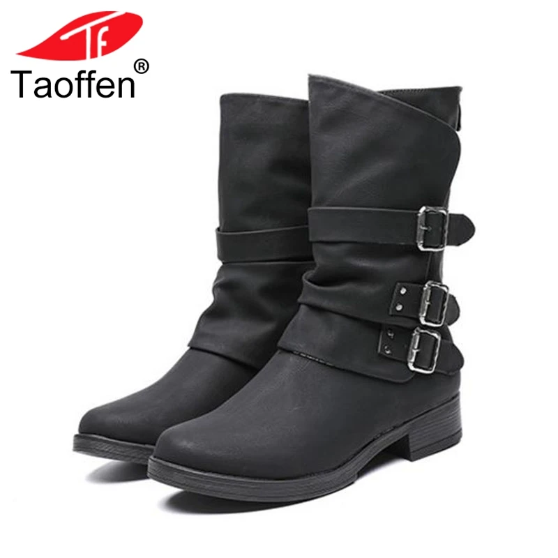 

TAOFFEN Vintage Women High Heels Boots Buckle Rivet Warm Fur Shoes Women Winter Mid Calf Boots Motorcycle Shoes Size 36-41