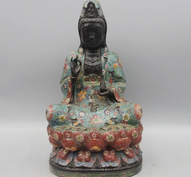 

19" Chinese Bronze Copper Cloisonne Enamel Kwan-yin Bodhisattva Guanyin Statue