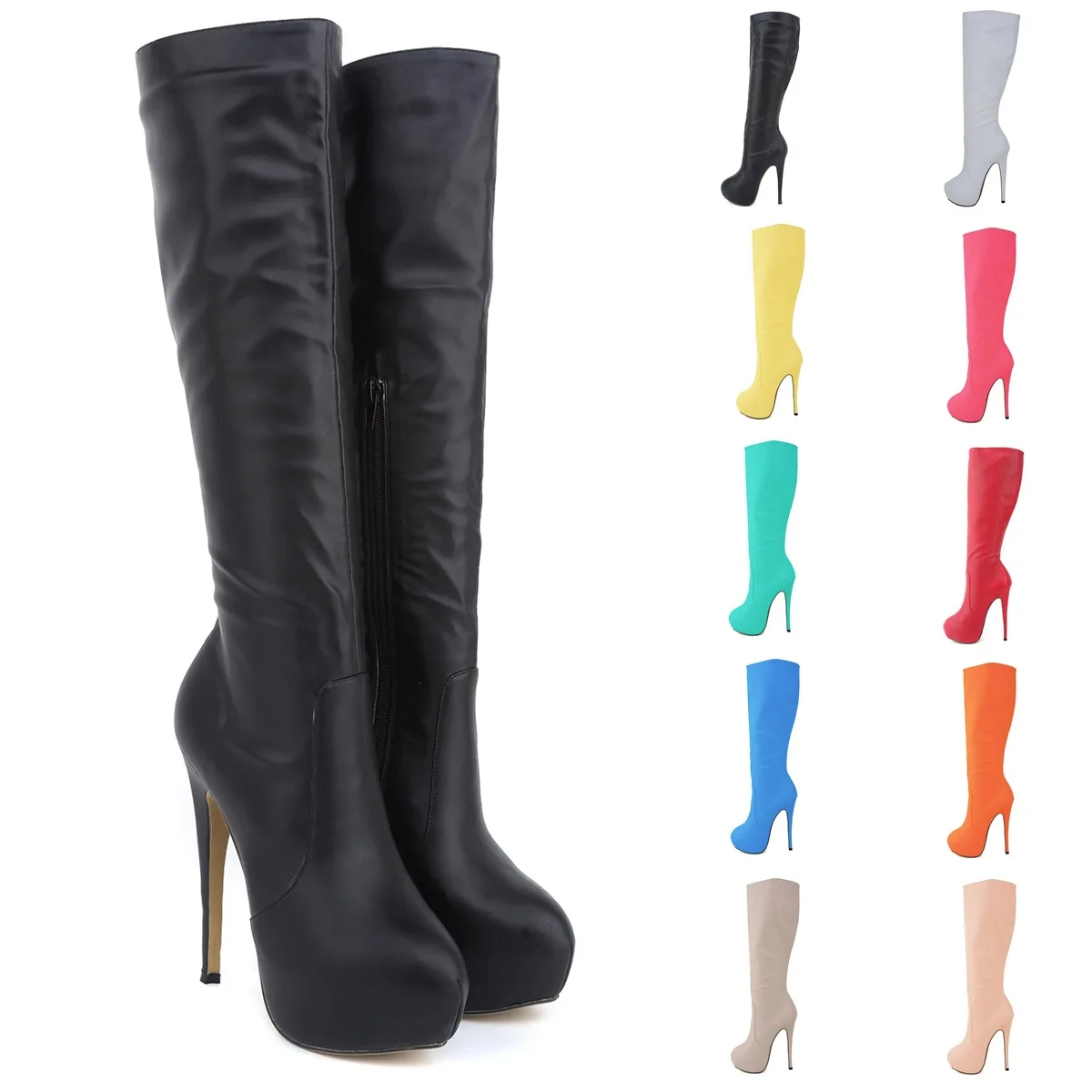 Attraper Ciel Cuir Stretch Hauts rouge Genou Taille Mi En Us Large 35 Talons Femmes Véritable rose 42 Automne Jambe Pointu Bottes pu jaune blanc mollet noir Hiver Beige Bout bleu rose orange wqxZ04qrE