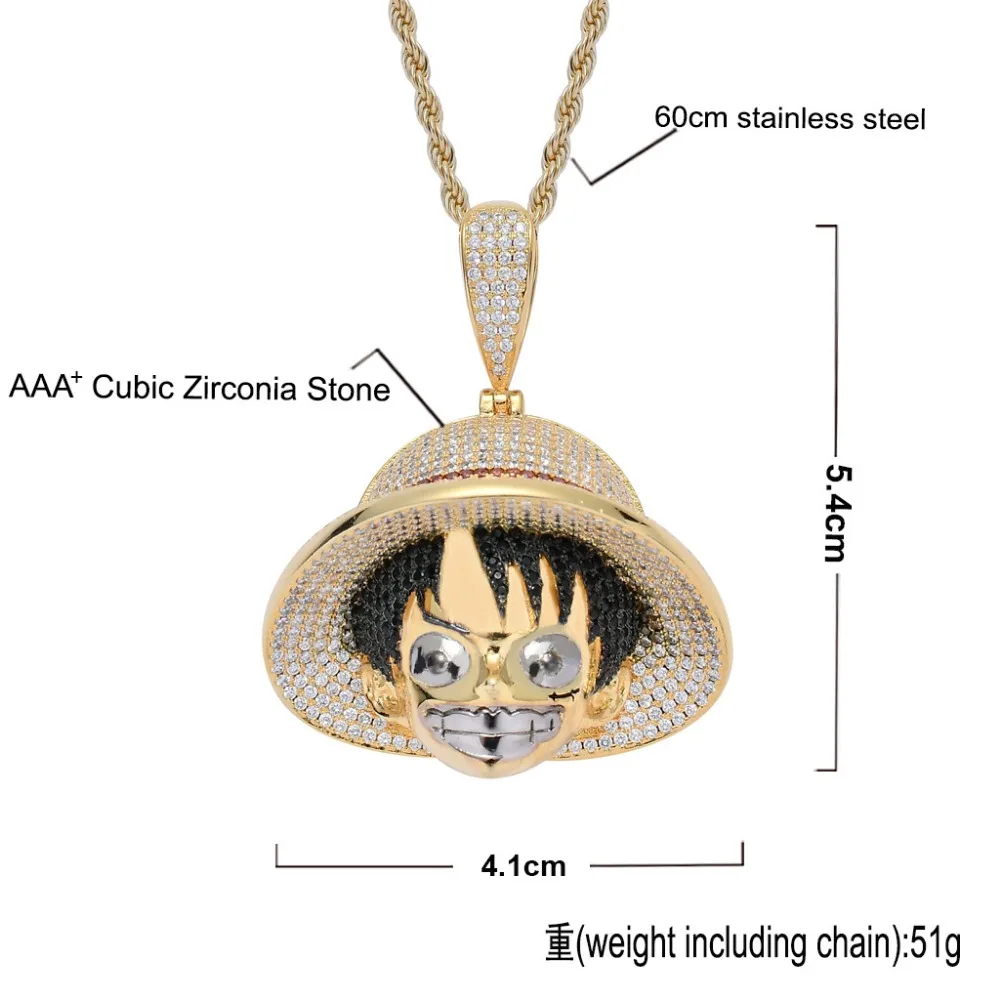 Hip Hop Full a Cz Stone Paved Bling Ice Out Cartoon One Piece Luffy Pendants Necklace For Men Rapper Jewelry Gold Color Pendant Necklaces Aliexpress