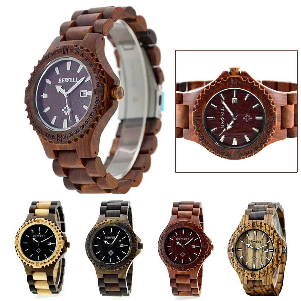 

Hot Sale Bewell Men's Natural Wooden Wristwatch Wood Watch Quartz with Date + Box erkek kol saati reloj hombre montre horloges