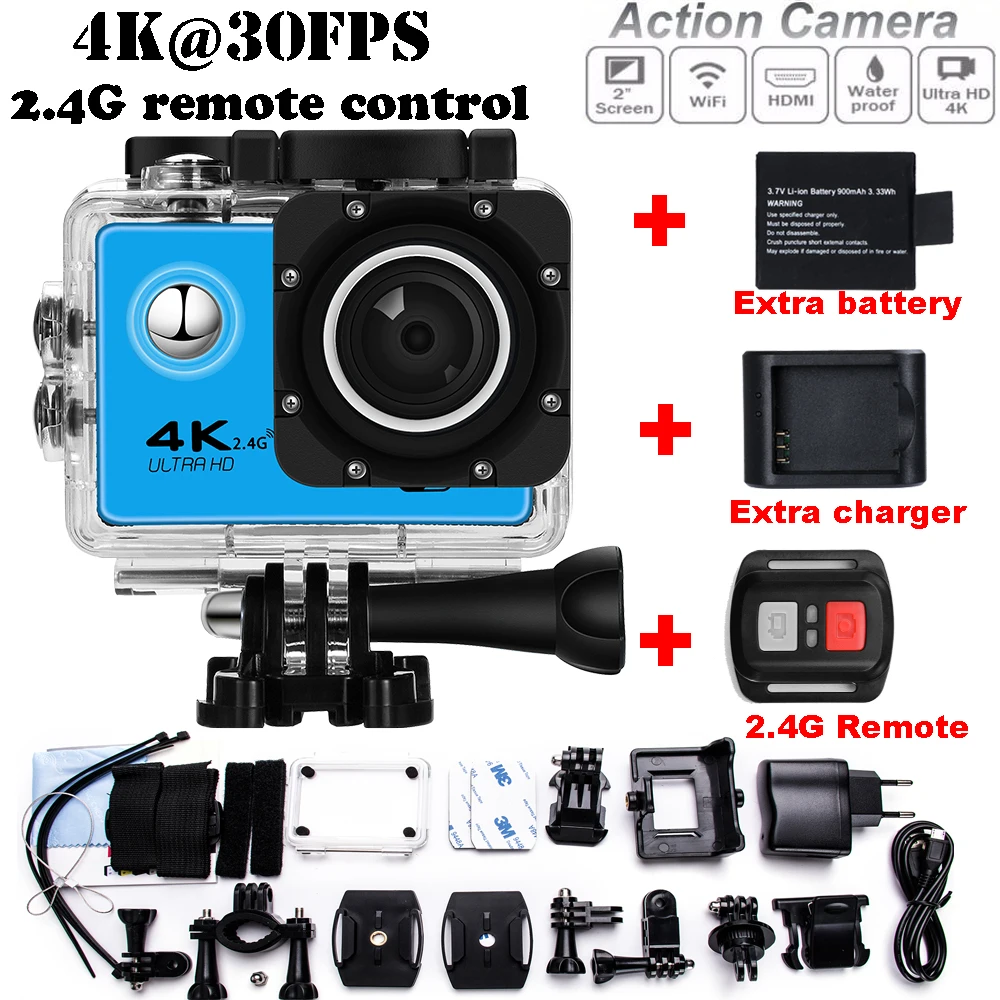 Action Camera H12R Wifi go pro style 4k@30FPS 2.0 Screen 170D Lens Waterproof 30M Action cam + Remote + Extra battery + charger