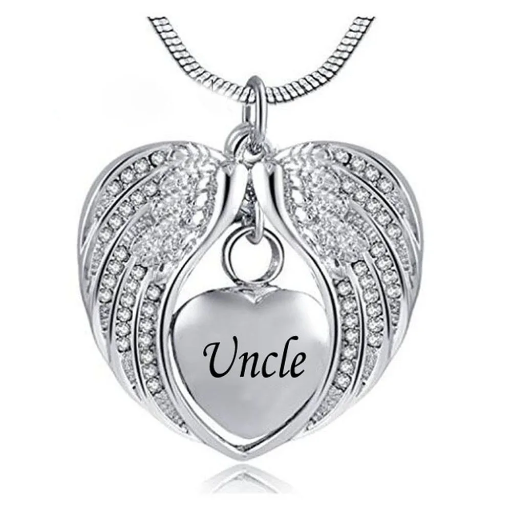 Crystal Charm Angel Wing Hold Heart Cremation Urn Necklace -Engraving Mom/Dad/Son Keepsake Memorial Jewelry for ashes