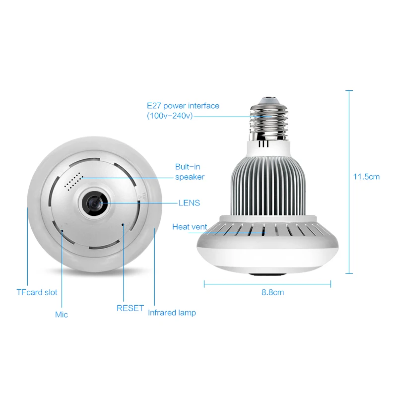 360 градусов панорамный Беспроводной IP камера «рыбий глаз» объектив умный дом 3D VR HD 1.3MP видеонаблюдения дома Wi-Fi мини E27 лампы Камера