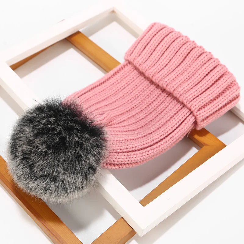 Real Fur Hat Knitted Real fox hair bulb Pom Pom Hat Women Winter Hat Unisex Kids Warm with wool Chunky Thick Stretchy Knit hat