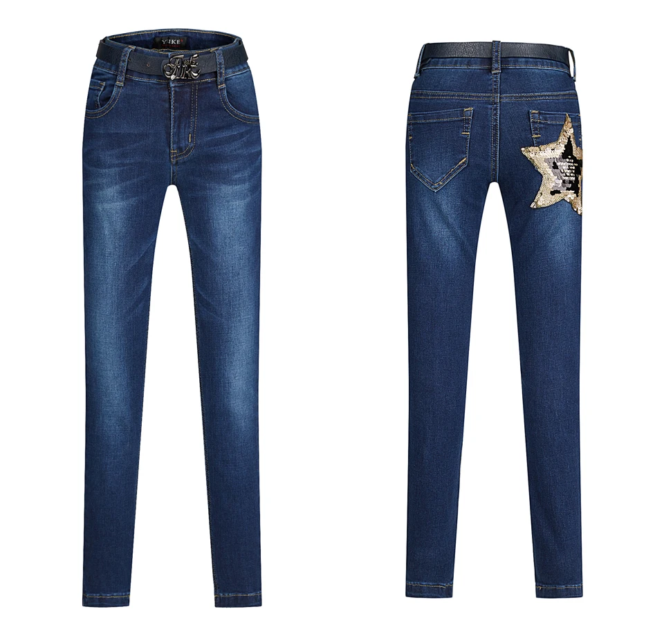 YUKE/новые джинсы для девочек Детские узкие джинсы сексуальные эластичные трико детские джинсы От 5 до 10 лет узкие брюки с вышивкой и поясом I34325
