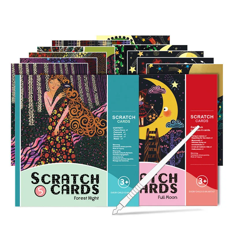 

1 Set 6pcs Magic Fairy tale theme Color Scratch Art Paper Coloring Cards Scraping Drawing Toys for Children educational gift