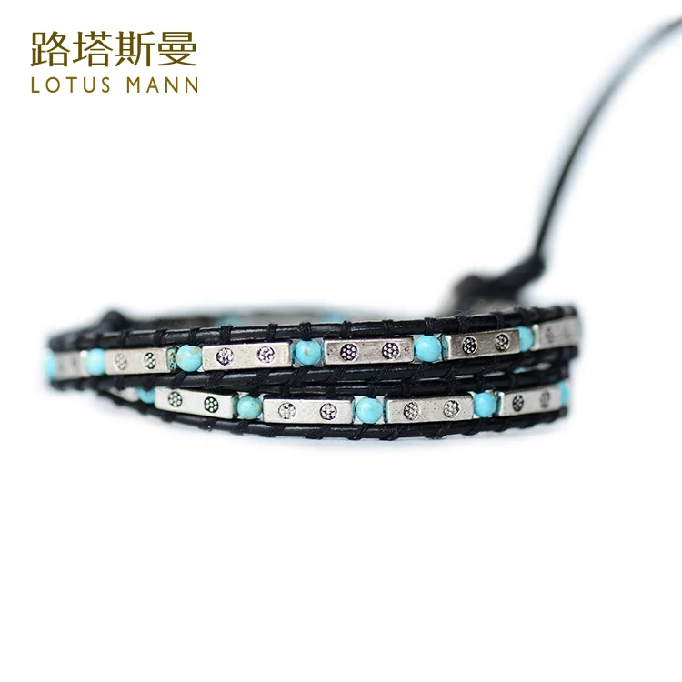 

Lotus Mann Retro metal bead black leather strap two laps bracelet lovers 0825