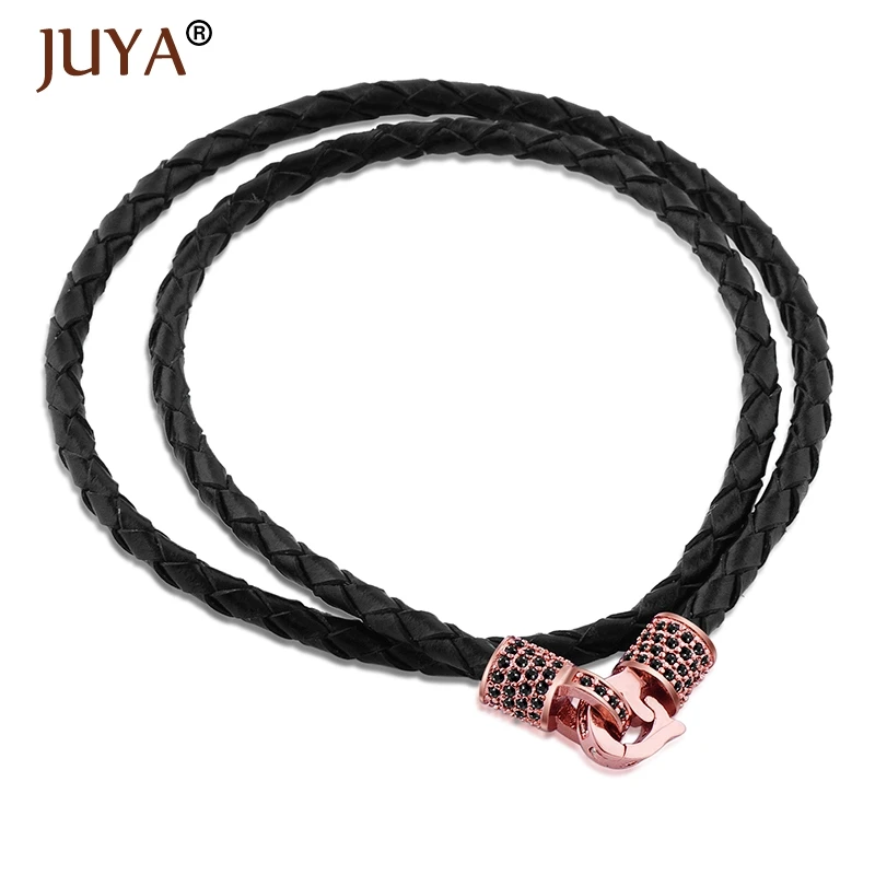 

erkek bileklik 2017 Summer Latest Cubic Zircon Copper Fold Over Clasp Two Layer Black mens leather bracelets pulseira masculina