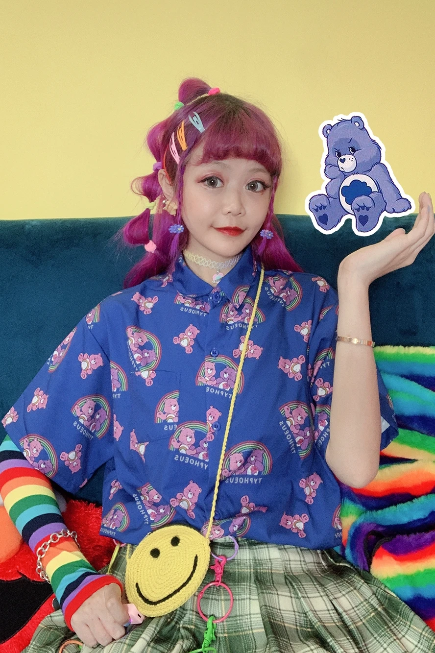 Японский Harajuku девушка сердце мультфильм Радуга милые Детеныши шифон Junior летние рубашки для женщин