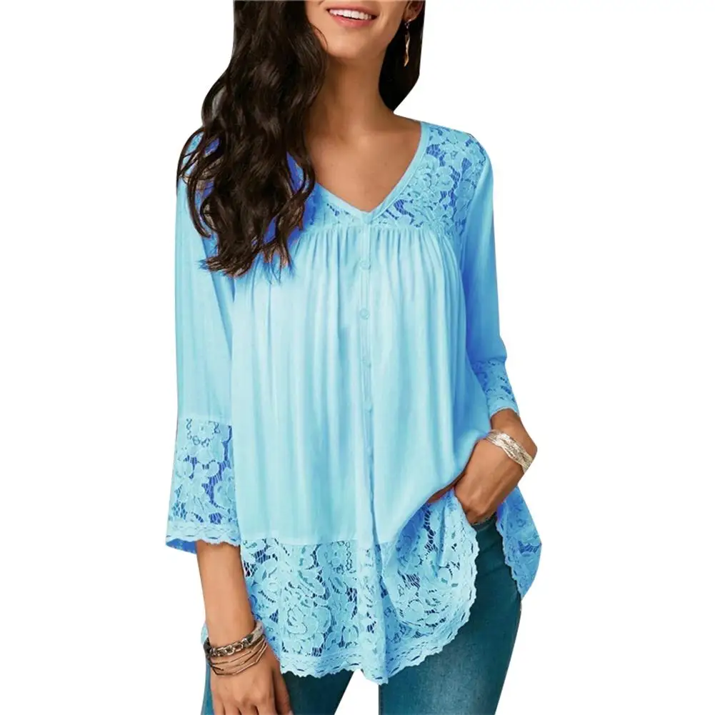 

New Fashion Women Solid Color Tshirts Casual Loose Plus Size Clothes Lace Patchwork V Neck 3/4 Sleeve Lady Office T-Shirt