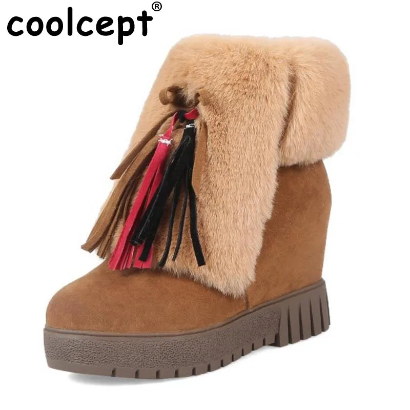 

Coolcept Snow Boots Fringe Warm Thick Fur Increasing Height Women Boots Round Toe Botas Thick Platform Women Footwear Size 33-43