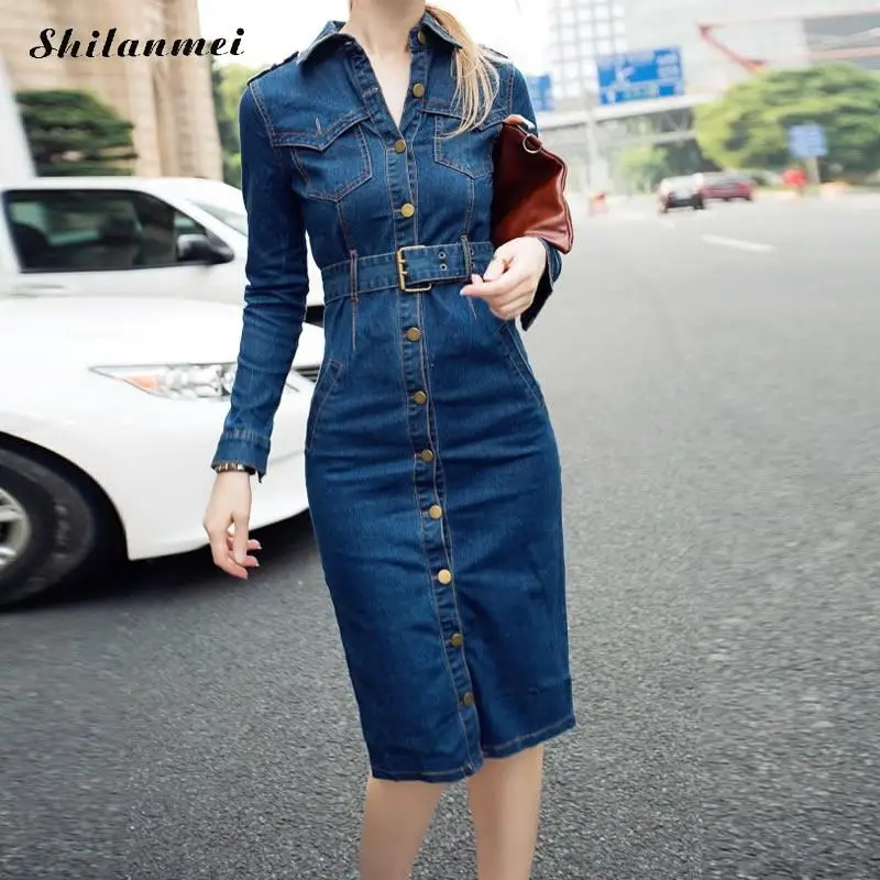 Plus size spring summer long sleeve denim dress vintage midi bandage