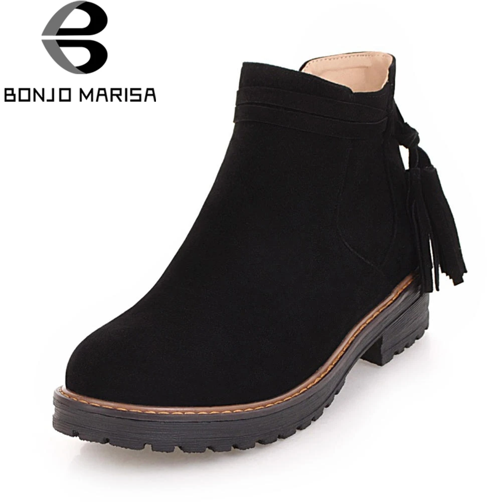 

BONJOMARISA 2018 Autumn New Black Ankle Platform Booties Women Large Size 34-43 Elegant Fringe Sewing Shoes Woman Low Heels