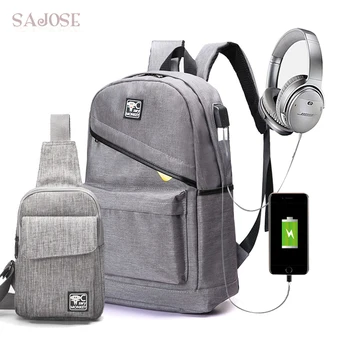 

USB Charging Backpack For Women Canvas Student 15inch Laptop For Teenager School Bag High Quality Chest Headphone Plug SAJOSE
