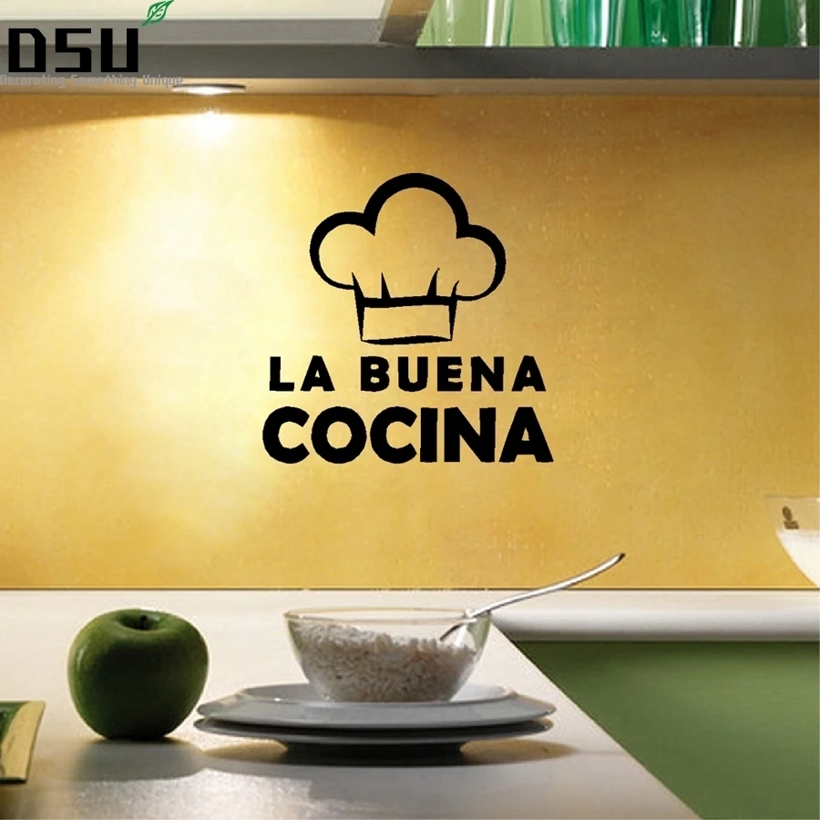 

Spanish Language "La Buena Cocina "Wall Decals Cute Cooking Hat Vinyl Wall Sticker For Spain Home Kitchen Decoration Wallpaper