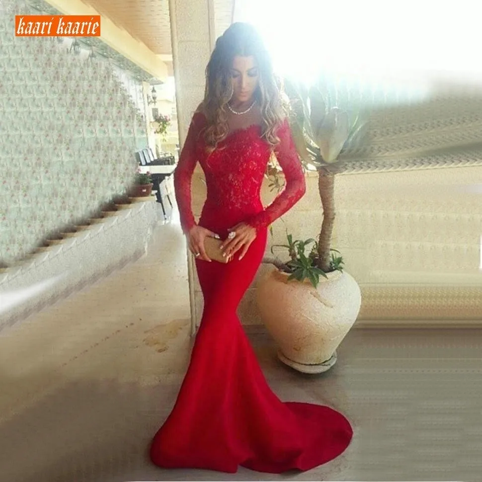 

Fashion Red Mermaid Evening Dresses Long Sleeves 2020 Elegant Lace Elastic Satin Formal Dress Customized Banquet Evening Gowns