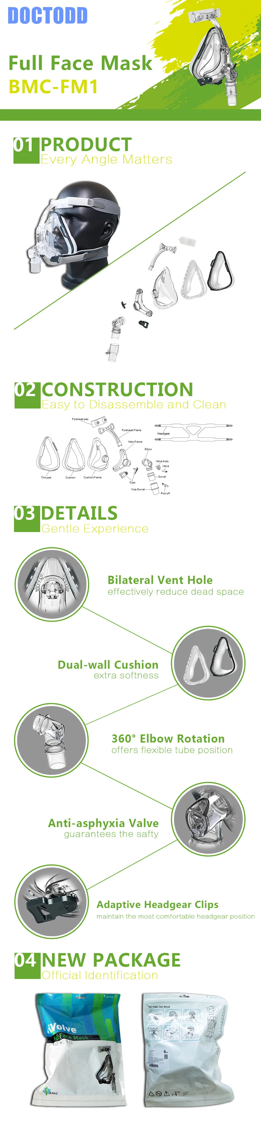 DOCTODD FM1 Full Face Mask  S M L Sizes For Anti Snoring CPAP BiPAP Silicone Gel Material With Headgear Clip User Manual (6)