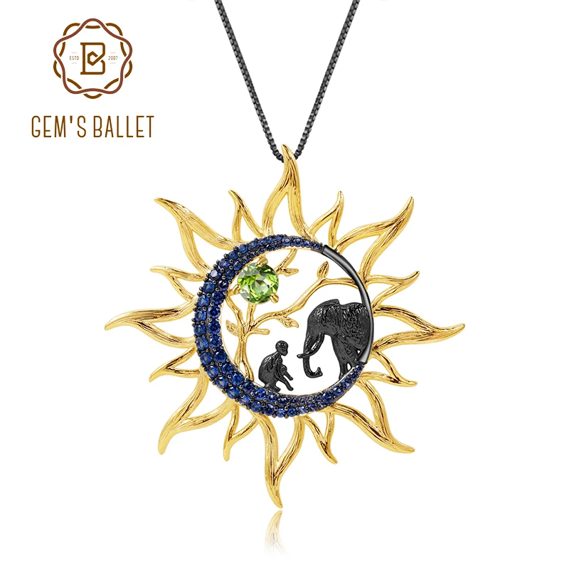 

GEM'S BALLET Natural Peridot 925 Sterling Silver Handmade Human and Nature Sun Elephant Pendant Necklace For Women Jewelry