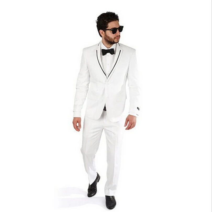  Bespoke Made Suits Men Suits Slim Fit White Tuxedo Fashion Suit With Modern Black Trim Man Suits (jacket+pants+bow Tie)