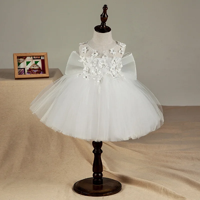 

2017 Newest Baby Girl Baptism Dress Big Bow Applique Baby Girl Birthday Party Dresses Princess Lace Flower Dress for 12M-6T