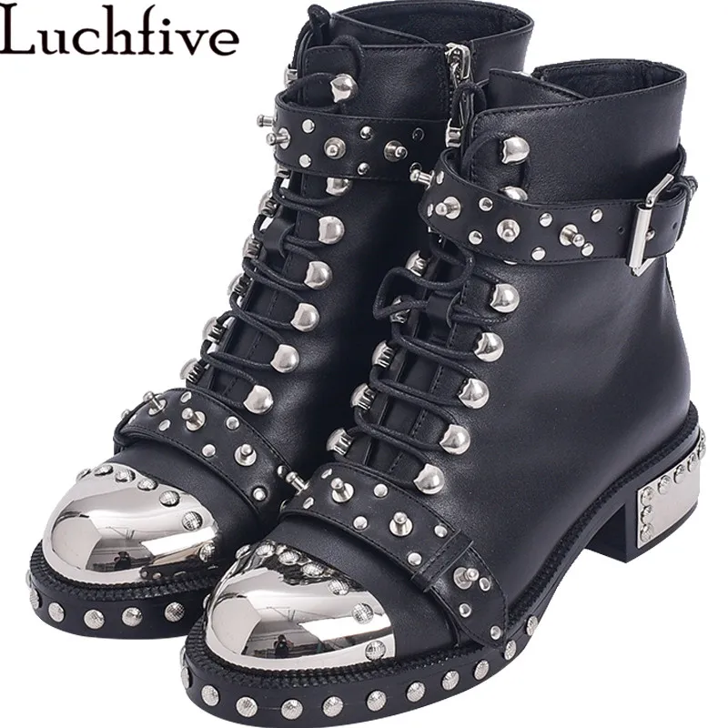 

Luchfive Square Flat low heel Lace-up Buckle Strap Woman Short Boots Cowhide Rivets Round Toe Metal Decoration Ankle Boots