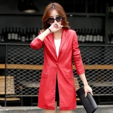 Европейский женский длинный плащ размера плюс из искусственной кожи, Женская ветровка на весну и осень, пиджак с воротником, черный, красный, 4XL 5XL