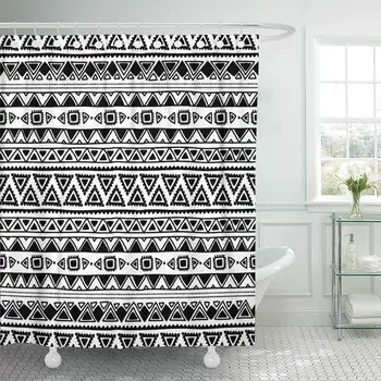

Shower Curtain with Hooks Line Ethnic Pattern Black and White Hand Hipster Abstract African American Aztec Brush Bathroom Decor