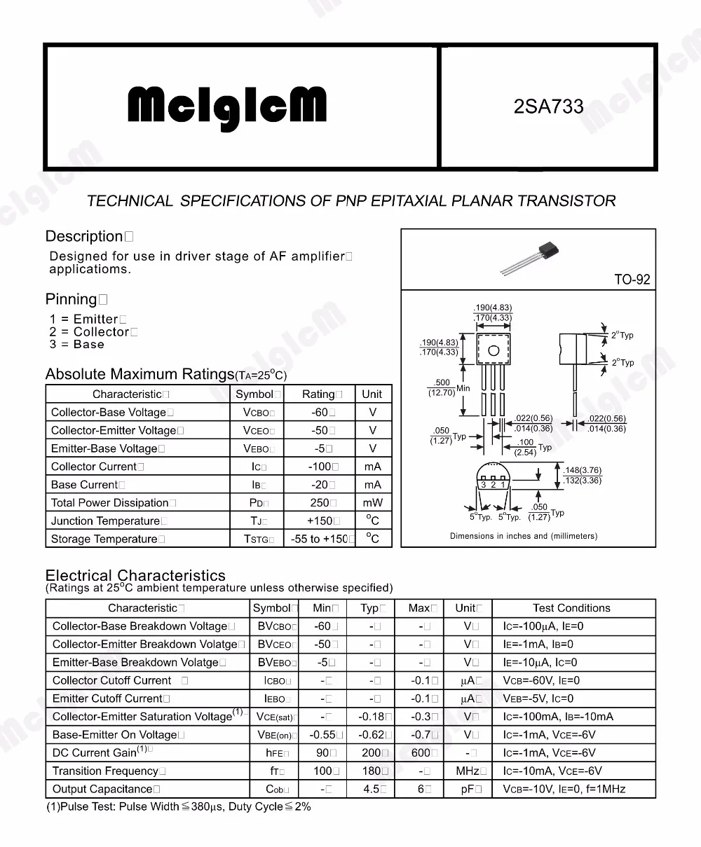 MCIGICM 100 шт 2SA733 A733 линейный полупроводниковый Триод TO-92 0.1A 50V PNP