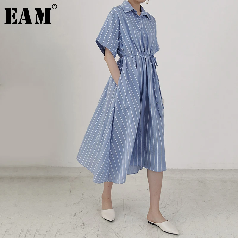

[EAM] 2019 New Spring Summer Lapel Short Sleeve Blue Striped Irreguar Loose Big Size Irregular Shirt Dress Women Fashion JU818