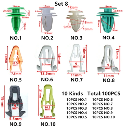 100 шт, разные универсальные 5 мм, 6 мм, 7 мм, 8 мм, 9 мм, 10 мм, автомобильные крепления из пластика, зажимы для всех автомобилей, винтовые заклепки - Название цвета: 100pcs set 8
